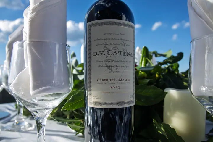 Vino y cristalería preparados para una mesa de evento